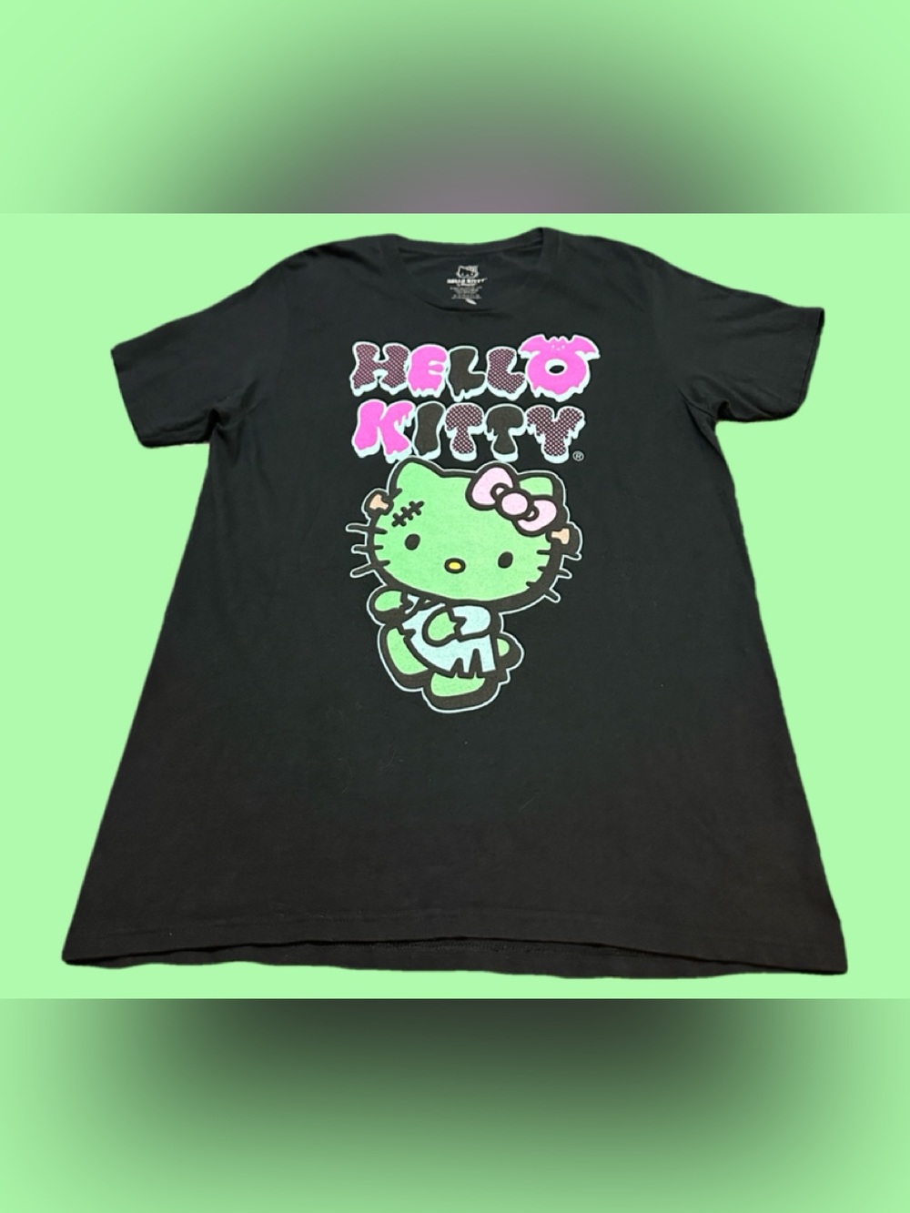 Hello Kitty Black Tee with Neon Green Character and Pink Accents -L